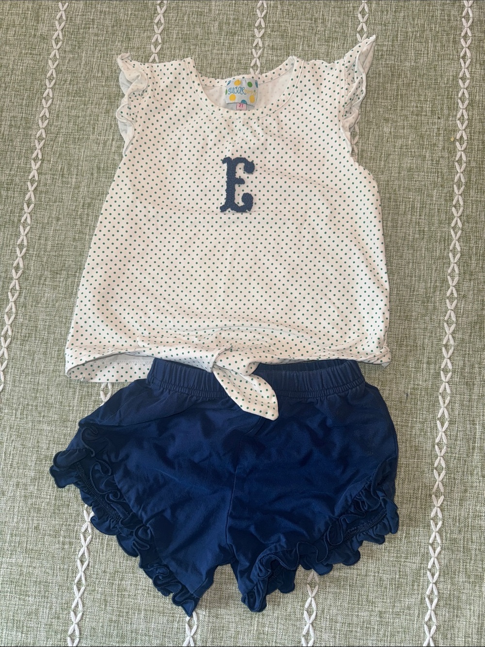 Sugar White Polka Dot Top with Navy Ruffle Shorts